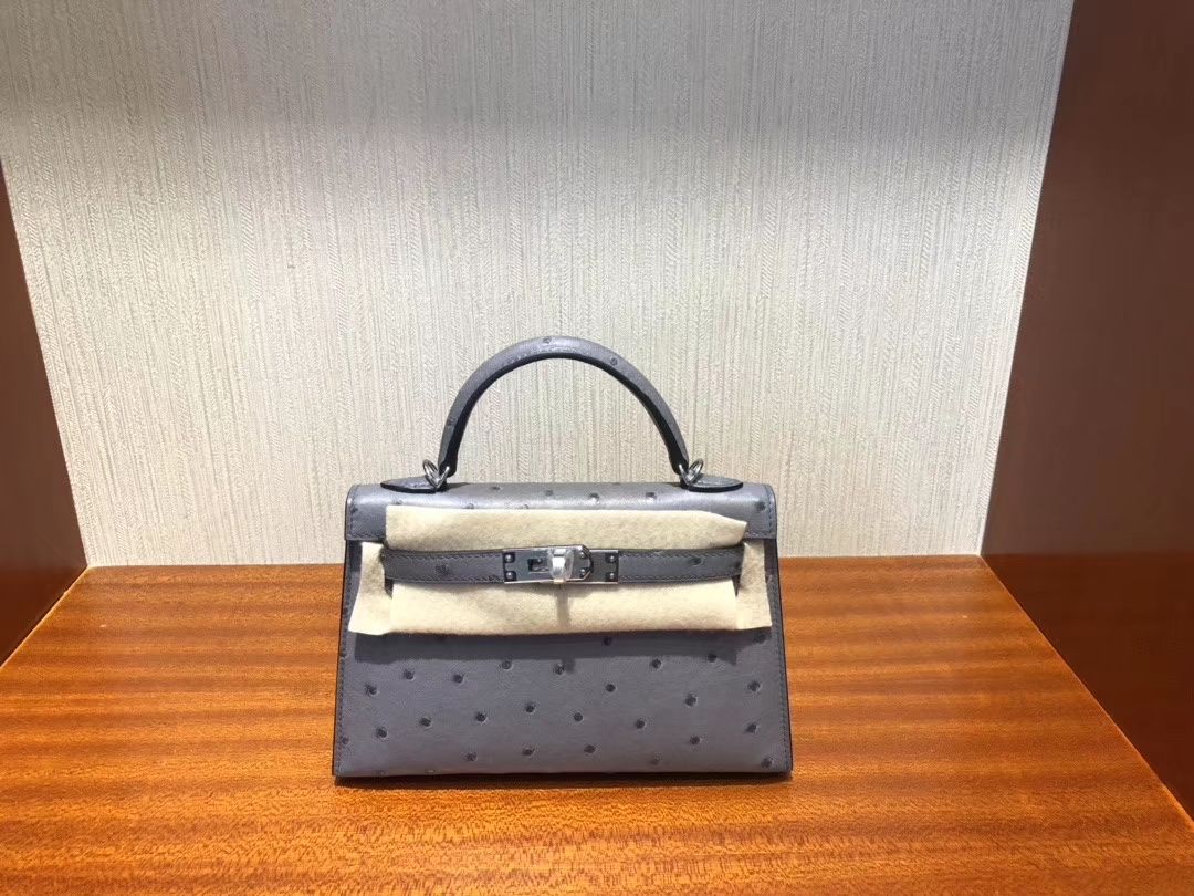 Hermès（爱马仕）Minikelly  ll Ostrich kk鸵鸟 玛瑙灰 银扣 顶级手缝 现货
