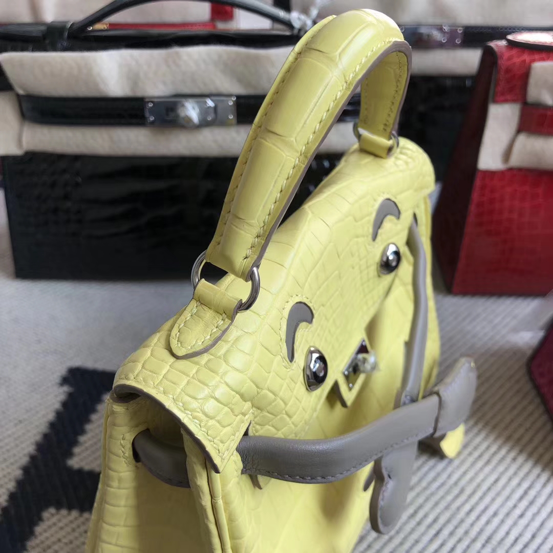 Hermès（爱马仕）Kelly doll Alligator matt 雾面 9R 柠檬黄 银扣 小可爱