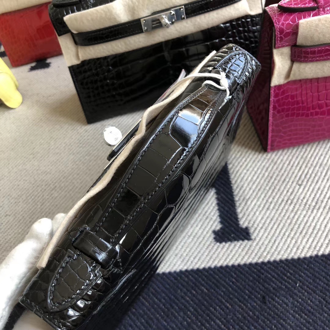 Hermès（爱马仕）Minikelly pochette 22cm Alligator shiny 亮面鳄鱼 ck89黑色 Noir 银扣 手拿包 晚宴包