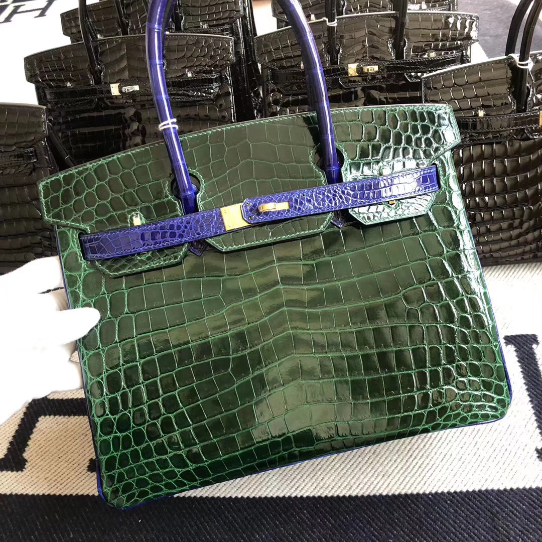 Hermès（爱马仕）Birkin 铂金包 Crocodile shiny 亮面鳄鱼 ck67 祖母绿 7T 电光蓝 金扣 30cm 定制