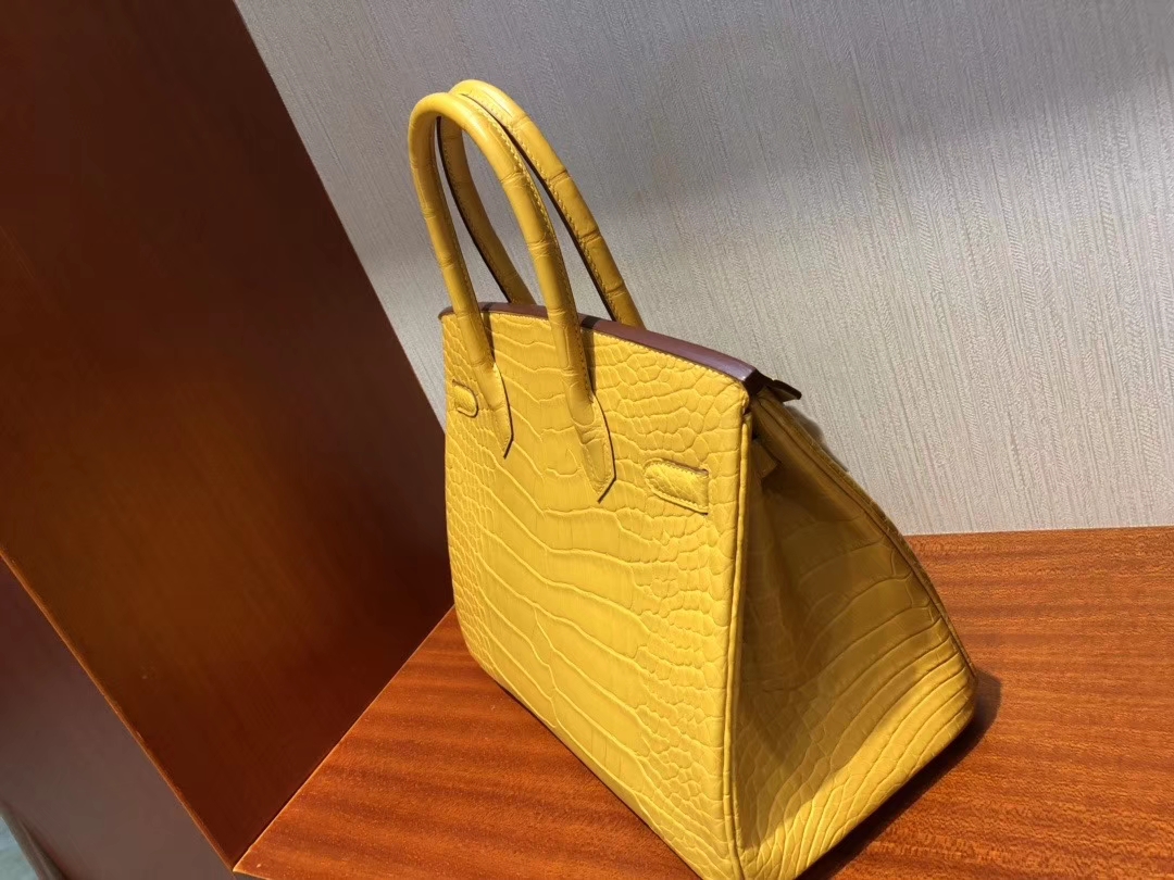 Hermès（爱马仕）Birkin 铂金包 雾面鳄鱼 9D 琥珀黄 Ambre 金扣 特殊正品五金 定制 30cm