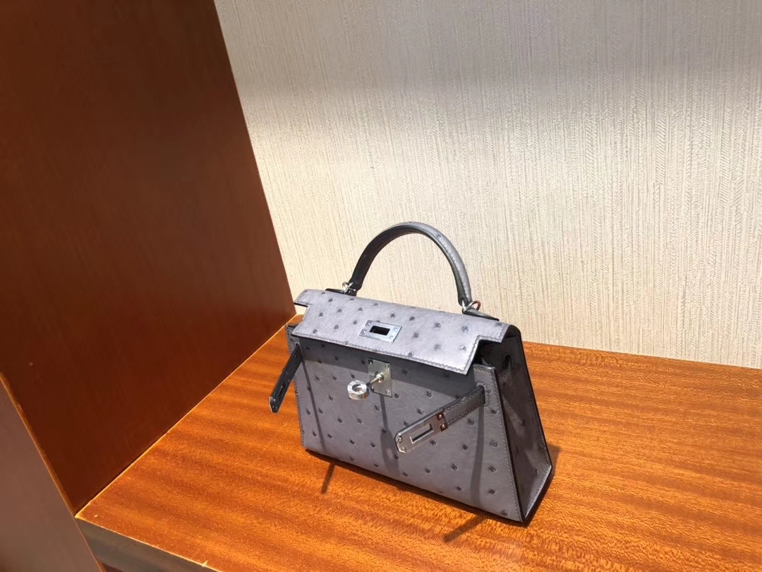 Hermès（爱马仕）Minikelly  ll Ostrich kk鸵鸟 玛瑙灰 银扣 顶级手缝 现货