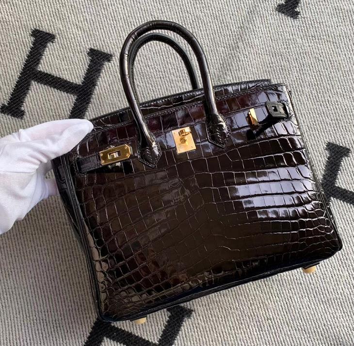 Hermès（爱马仕）Birkin 铂金包 ck89黑色 亮面澳洲湾鳄 蜡线全手工 金扣 25cm
