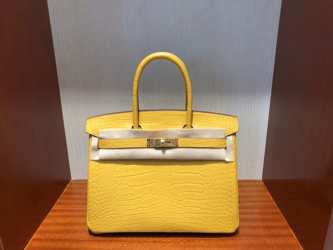 Hermès（爱马仕）Birkin 铂金包 雾面鳄鱼 9D 琥珀黄 Ambre 金扣 特殊正品五金 定制 30cm