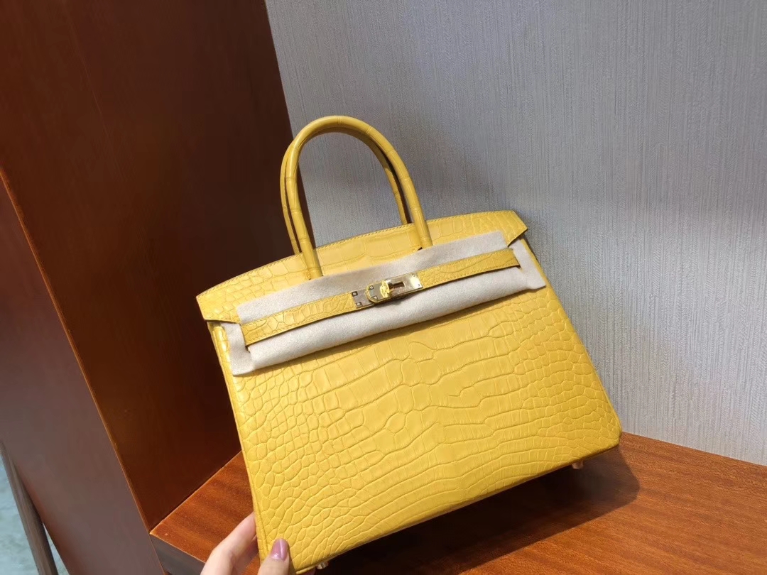 Hermès（爱马仕）Birkin 铂金包 雾面鳄鱼 9D 琥珀黄 Ambre 金扣 特殊正品五金 定制 30cm