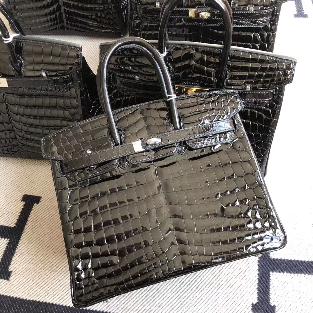 Hermès（爱马仕）Birkin 铂金包 crocodile 亮面汨罗鳄 ck89黑色 供珠纹路 银扣 25cm