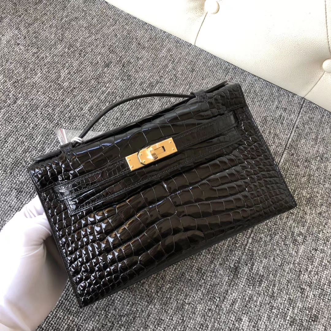 Hermès（爱马仕）Minikelly 亮面鳄鱼 ck89 黑色 Noir 金扣  超美拱珠皮 手拿包 晚宴包 现货