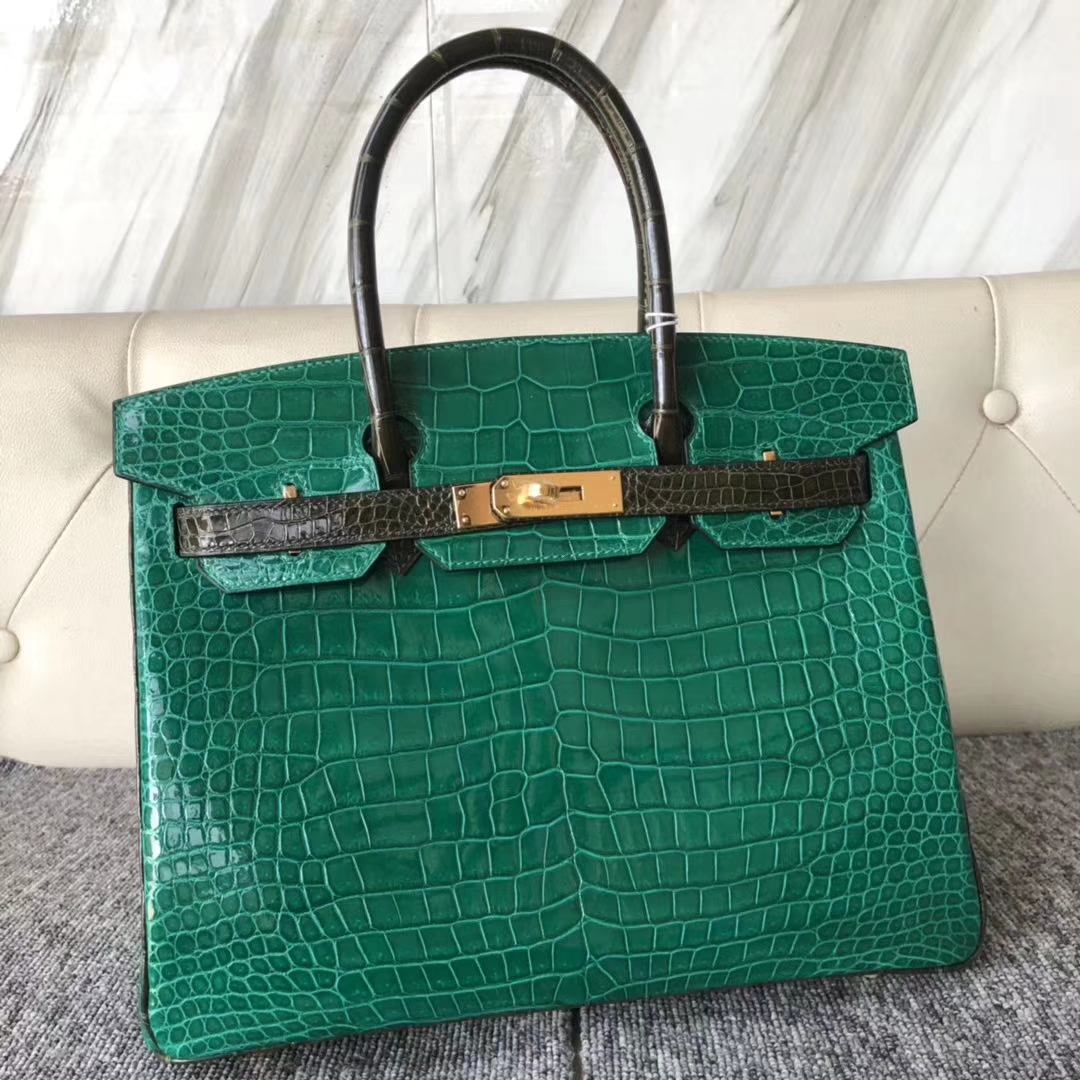 Hermès（爱马仕）Birkin 30cm Porosus shiny 澳洲湾鳄 6Ｑ翡翠绿 6H 橄榄绿 金扣 马蹄印