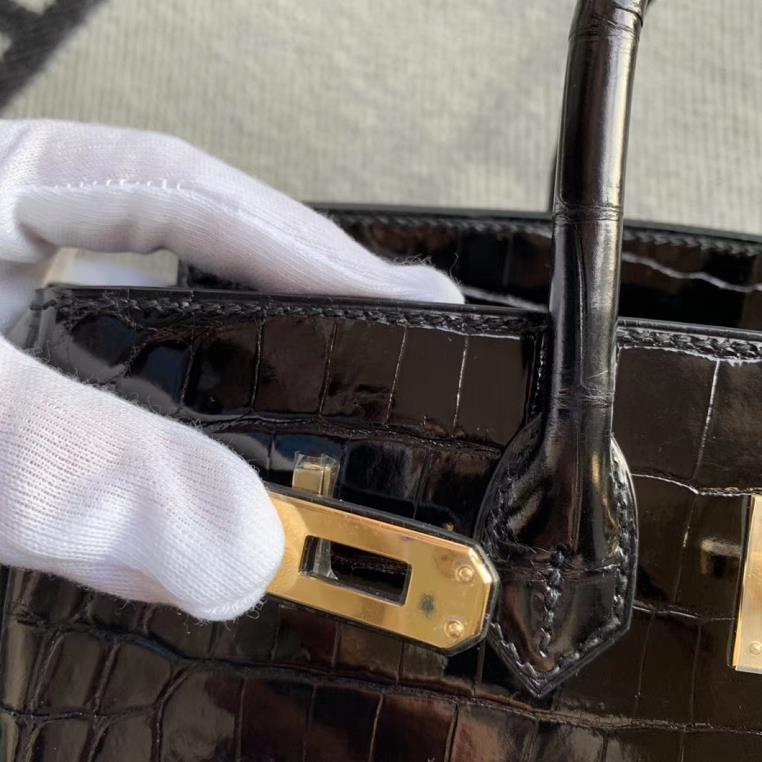 Hermès（爱马仕）Birkin 铂金包 ck89黑色 亮面澳洲湾鳄 蜡线全手工 金扣 25cm