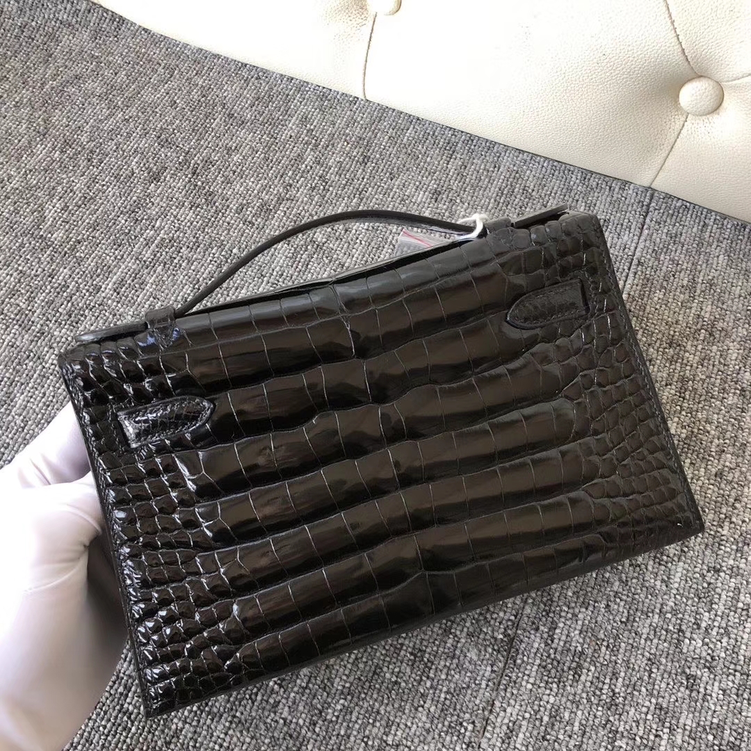 Hermès（爱马仕）Minikelly 亮面鳄鱼 ck89 黑色 Noir 金扣  超美拱珠皮 手拿包 晚宴包 现货