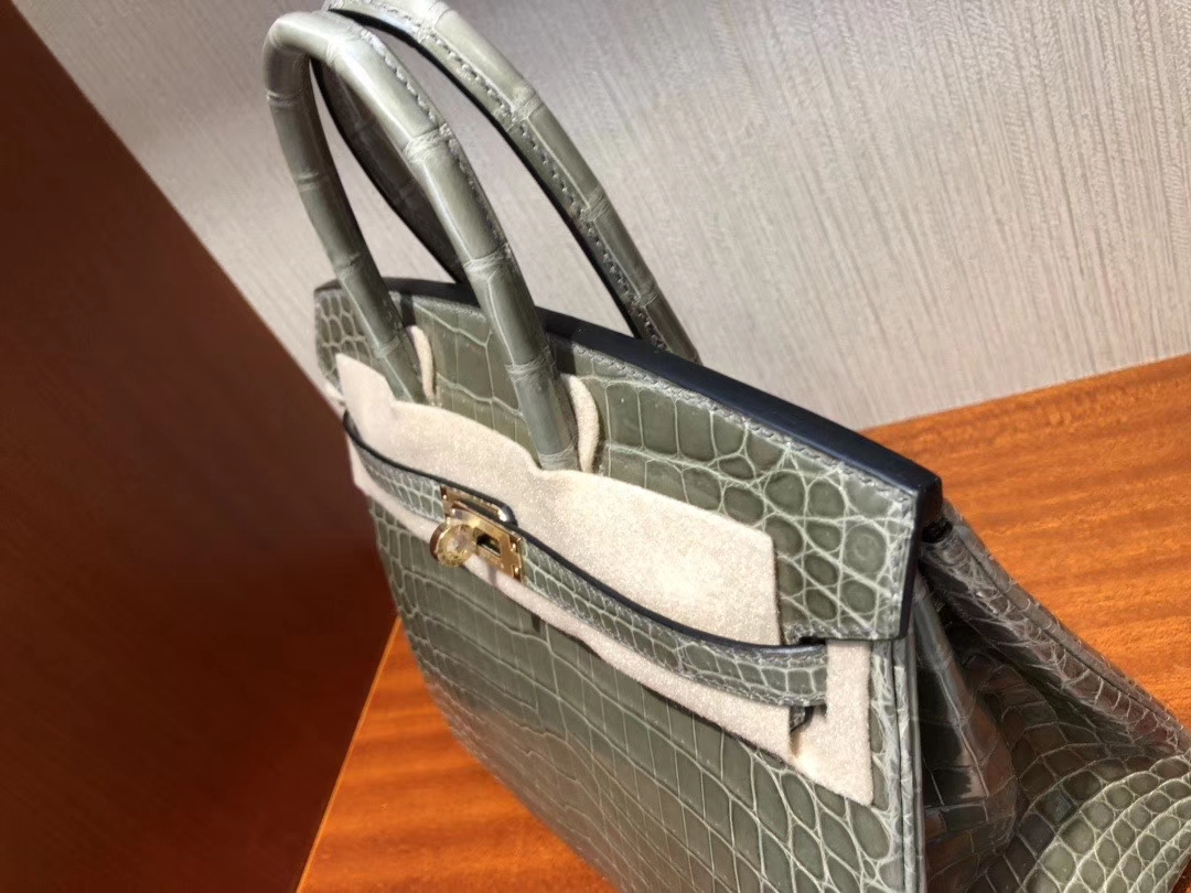 Hermès（爱马仕）Birkin 铂金包 Crocodile shiny 亮面鳄鱼 ck81 斑鸠灰 金扣 25cm