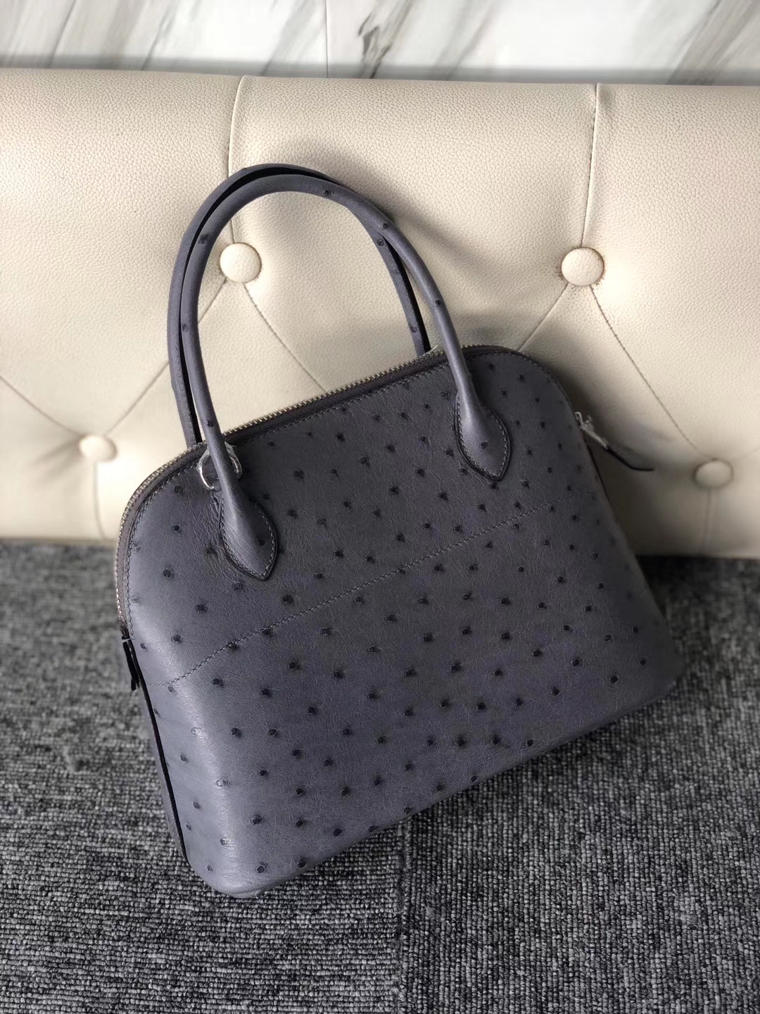 Hermès（爱马仕）Bolide 保龄球包 27cm  Ostrich kk 鸵鸟 玛瑙灰 银扣 顶级手缝