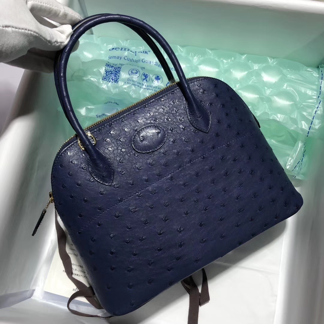 Hermès（爱马仕）Bolide 保龄球包 27cm  Ostrich kk 鸵鸟 宝石蓝 blue saphir 顶级手缝