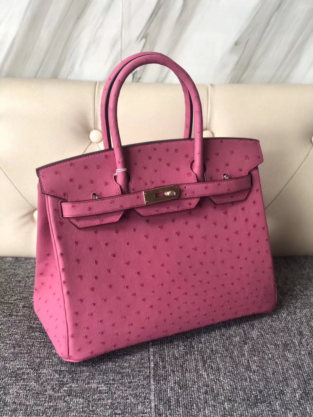 Hermès（爱马仕）Brikin 30cm Ostrich kk鸵鸟 E5 桃红 玫瑰金 rose gold