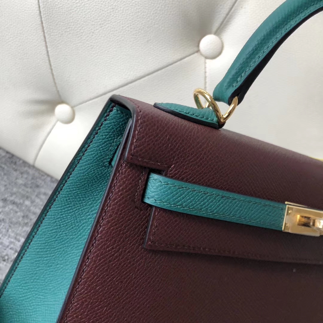 Hermès（爱马仕）Kelly 25cm Epsom 原厂掌纹皮 ck57 波尔多酒红 z6 孔雀绿 金扣 马蹄印