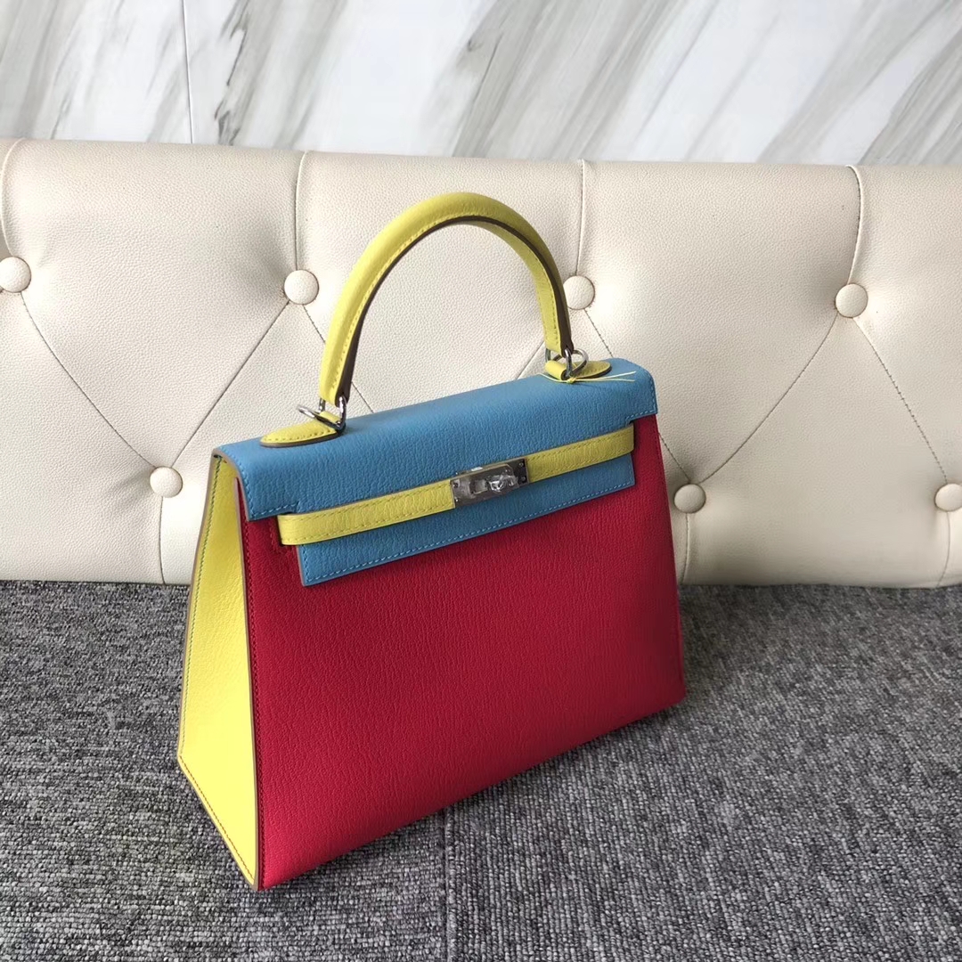 Hermès(爱马仕)Kelly 凯莉包 山羊皮 三拼色 银扣 25cm 定制-拉尔森鳄鱼皮具定制 - 爱马仕包包官网 Hermès(爱马仕)Kelly 凯莉包 山羊皮 三拼色 银扣 25cm 定制