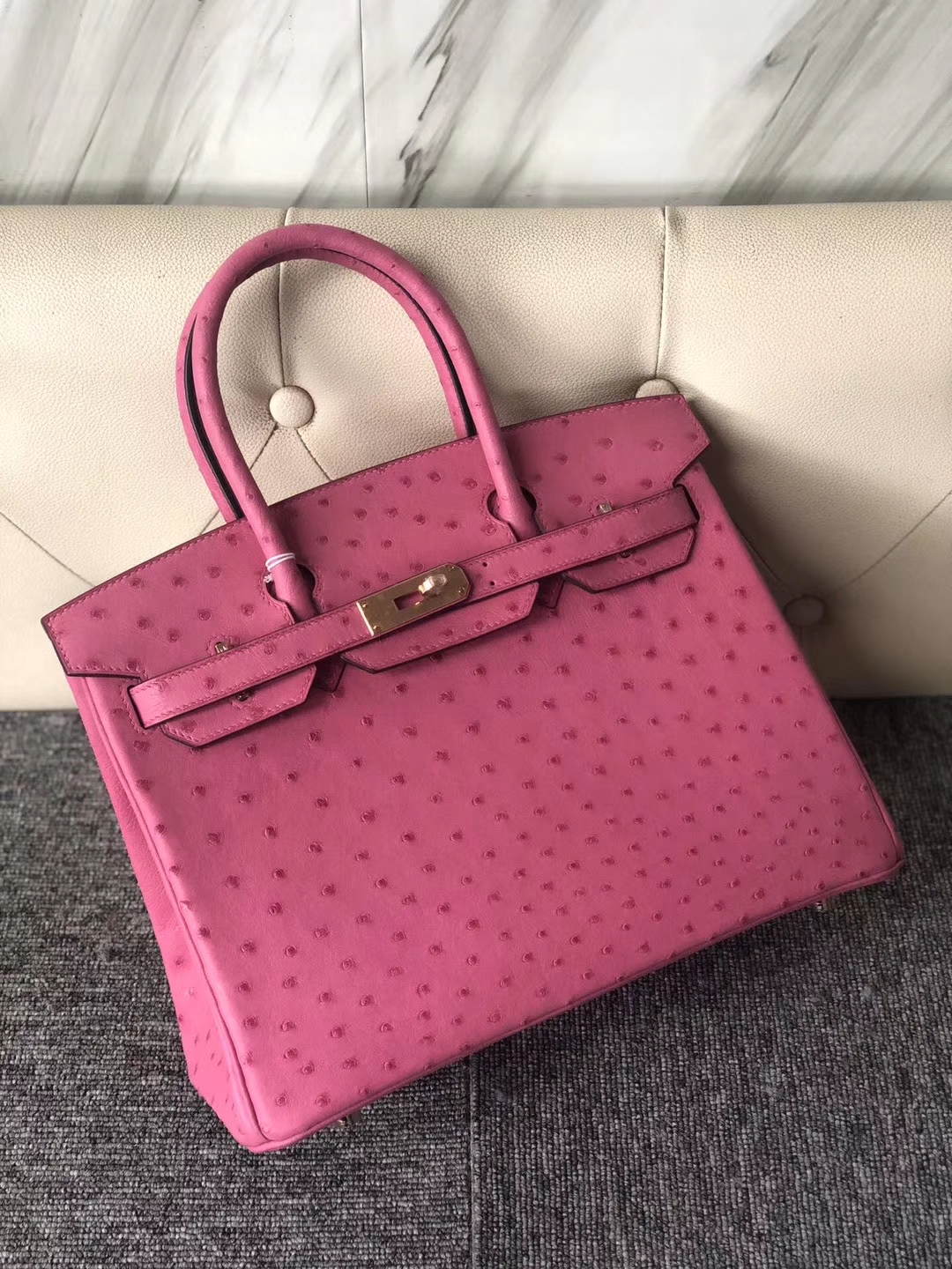Hermès(爱马仕)Brikin 30cm Ostrich kk鸵鸟 E5 桃红 玫瑰金 rose gold-拉尔森鳄鱼皮具定制 - 爱马仕包包官网 Hermès(爱马仕)Brikin 30cm Ostrich kk鸵鸟 E5 桃红 玫瑰金 rose gold