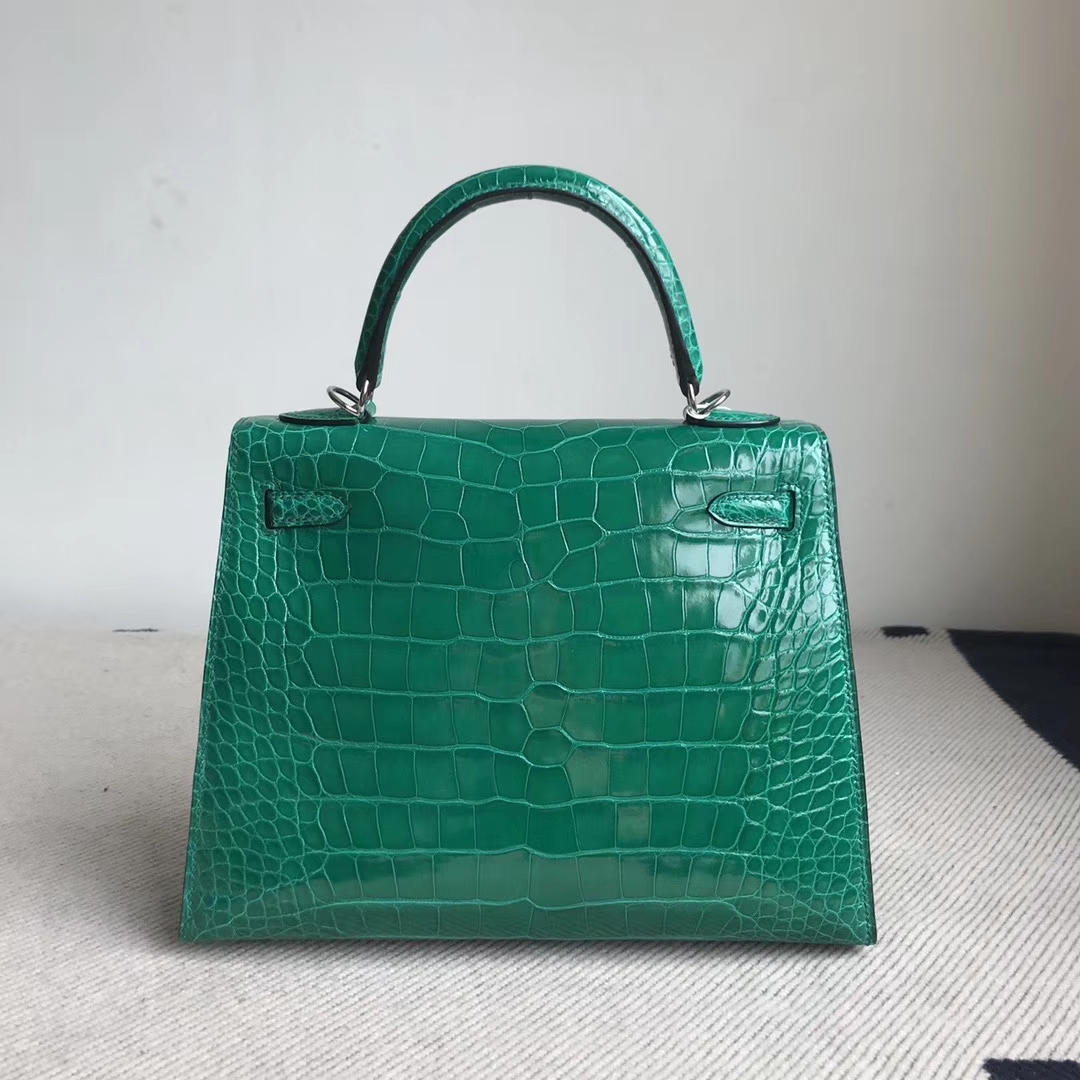 Hermès（爱马仕）Kelly 25cm Alligator shiny 亮面鳄鱼 6Ｑ 翡翠绿 银扣 顶级手缝 现货