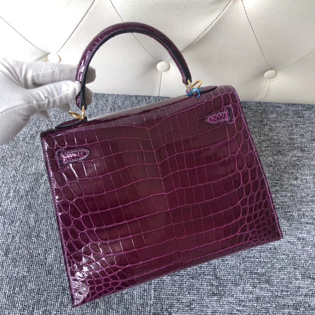 Hermès（爱马仕）Kelly 25cm Crocodile  shiny 亮面鳄鱼  玫红紫 金扣 顶级手缝 现货