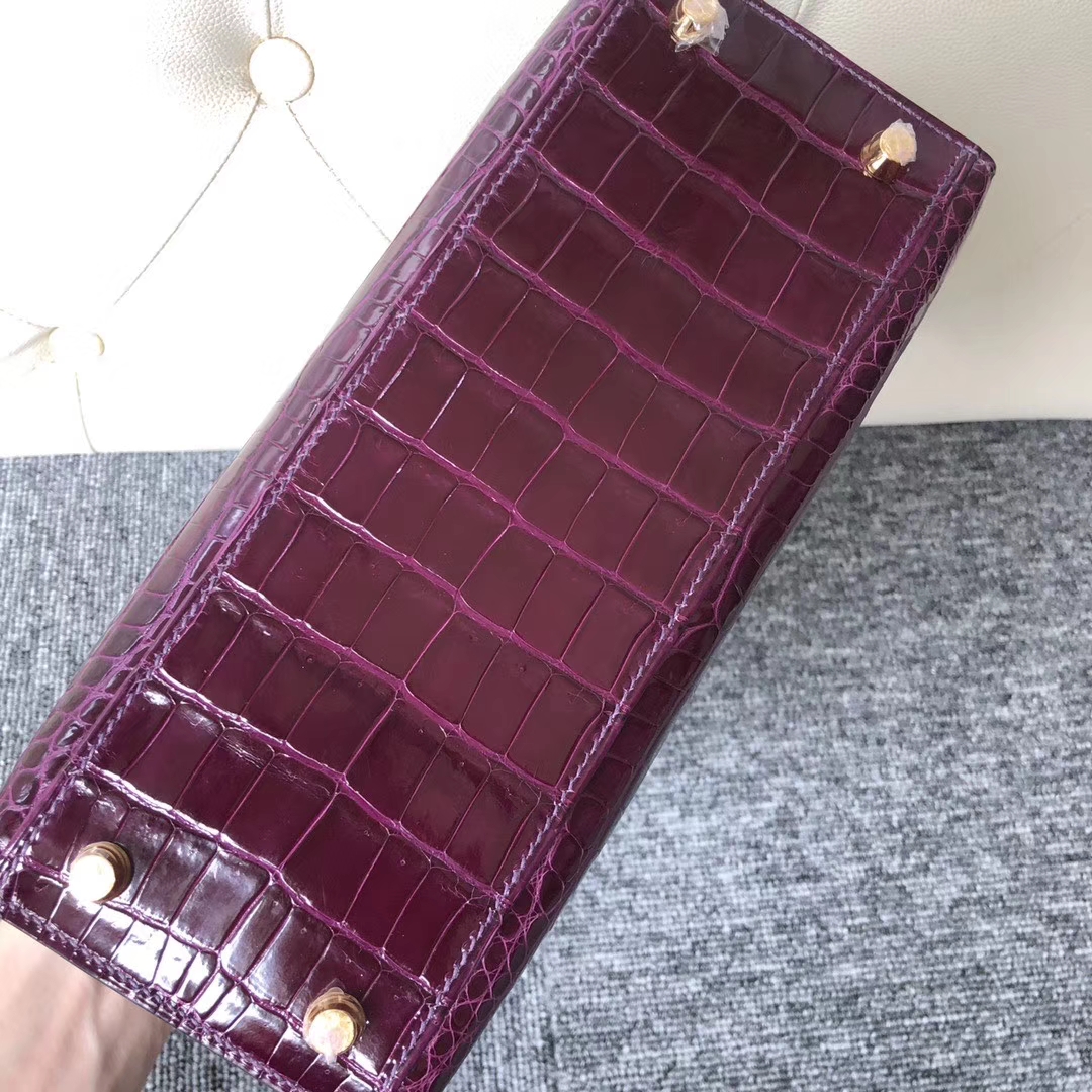 Hermès（爱马仕）Kelly 25cm Crocodile  shiny 亮面鳄鱼  玫红紫 金扣 顶级手缝 现货