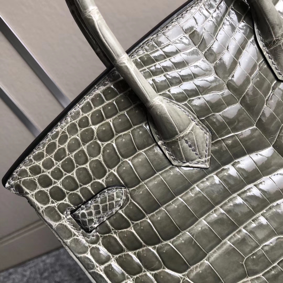 Hermès（爱马仕）Birkin 25cm Crocodile shiny 亮面鳄鱼 ck81 斑鸠灰 Gris T 金扣 拱珠 现货