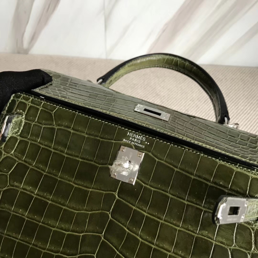 Hermès（爱马仕）Kelly 25cm Crocodile shiny 亮面鳄鱼 6H橄榄绿 银扣 顶级手缝 现货