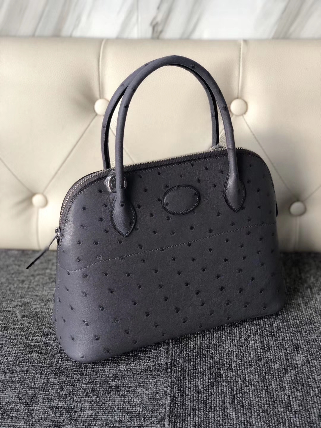 Hermès（爱马仕）Bolide 保龄球包 27cm  Ostrich kk 鸵鸟 玛瑙灰 银扣 顶级手缝