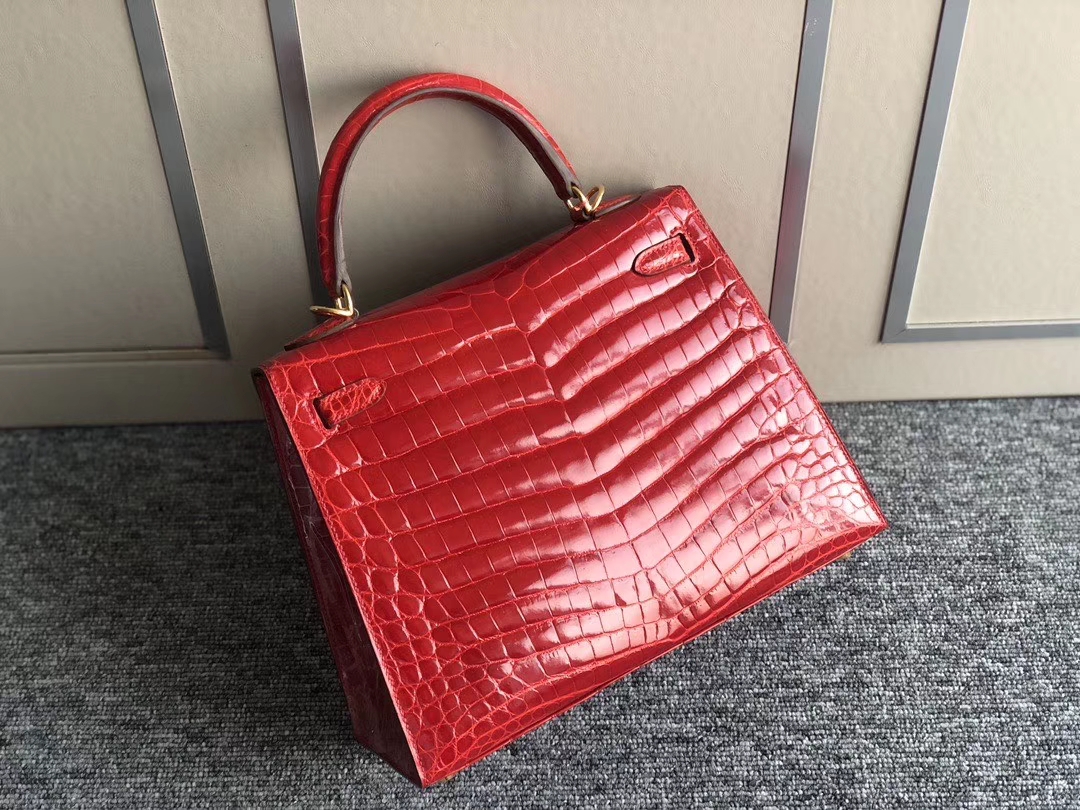 Hermès（爱马仕）Kelly 25cm Crocodile shiny 亮面鳄鱼 ck95 法拉利红 金扣 现货
