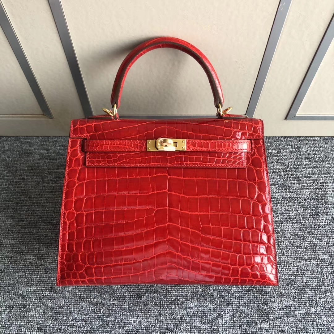 Hermès（爱马仕）Kelly 25cm Crocodile shiny 亮面鳄鱼 ck95 法拉利红 金扣 现货