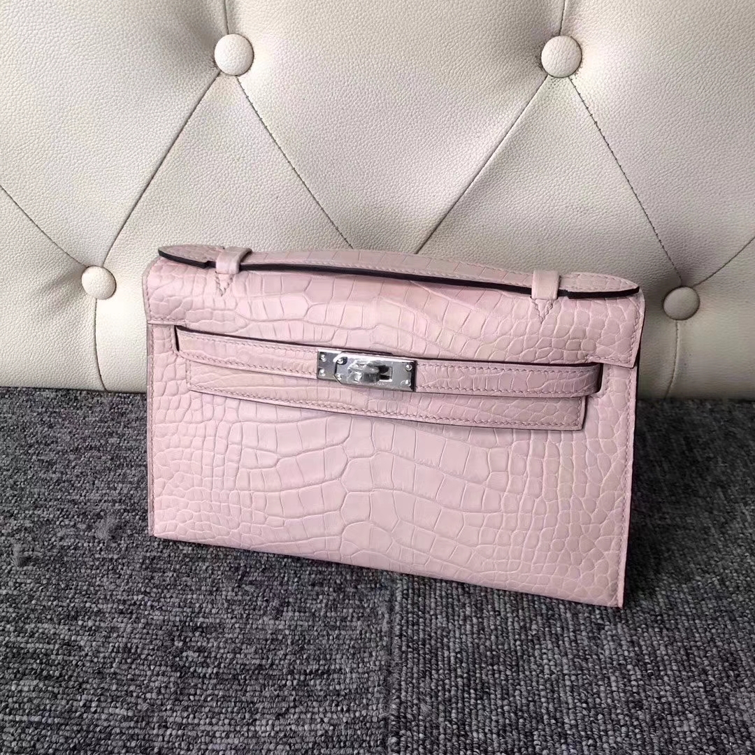 Hermès（爱马仕）Mini Kelly Pochette 22cm 雾面方块 美洲鳄鱼 Matte Alligator Crocodile 3Q粉 银扣