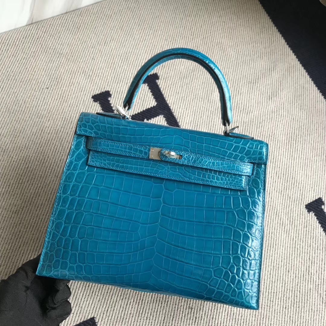 Hermès（爱马仕）Kelly 25cm Crocodile 亮面鳄鱼 7w 伊兹密尔蓝 银扣 顶级手缝 现货