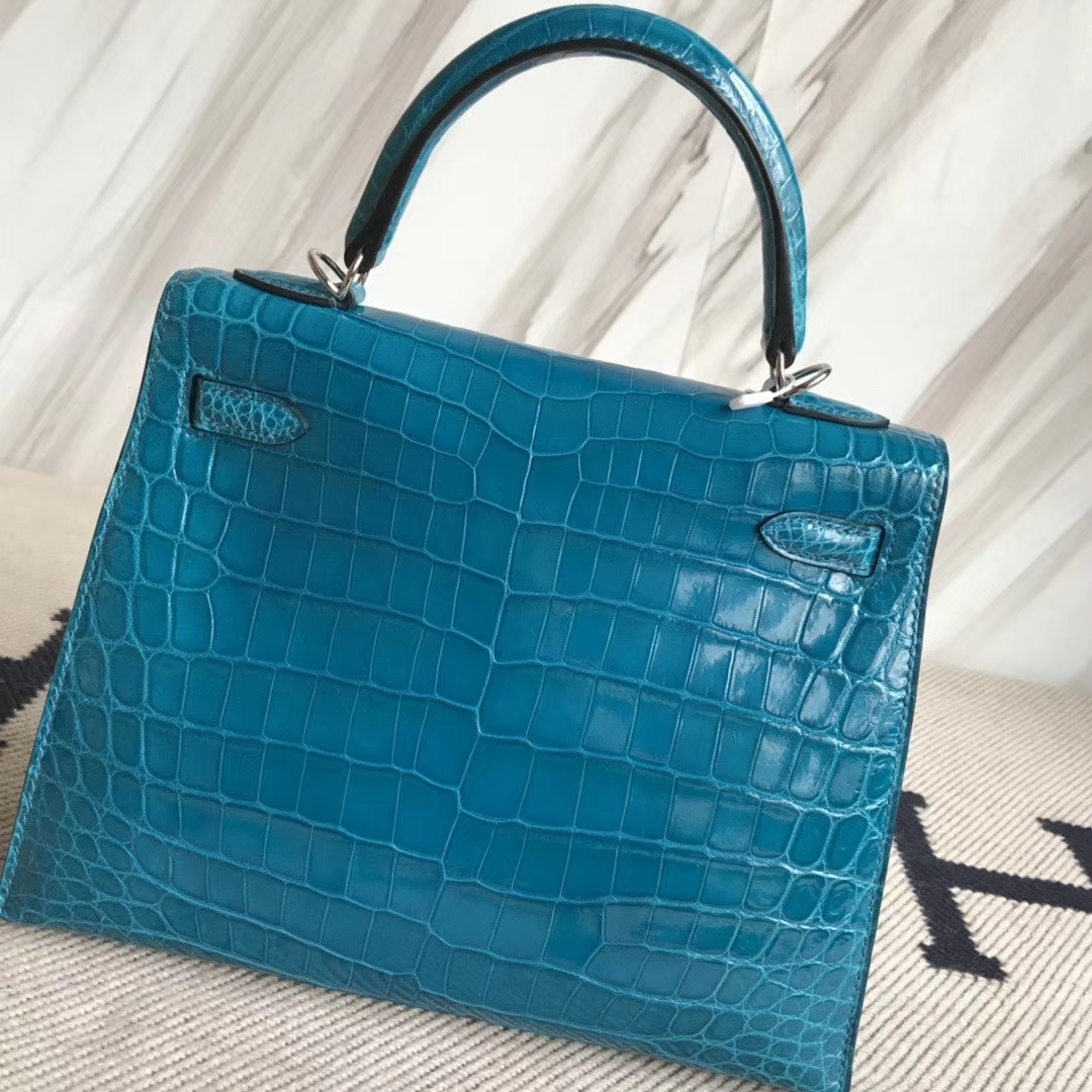 Hermès（爱马仕）Kelly 25cm Crocodile 亮面鳄鱼 7w 伊兹密尔蓝 银扣 顶级手缝 现货