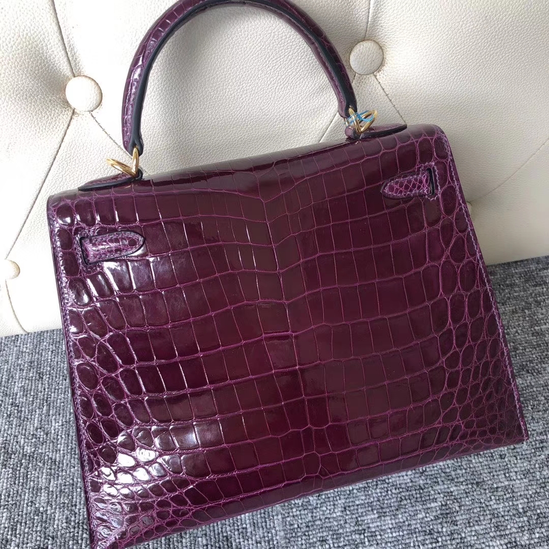 Hermès（爱马仕）Kelly 25cm Crocodile  shiny 亮面鳄鱼  玫红紫 金扣 顶级手缝 现货