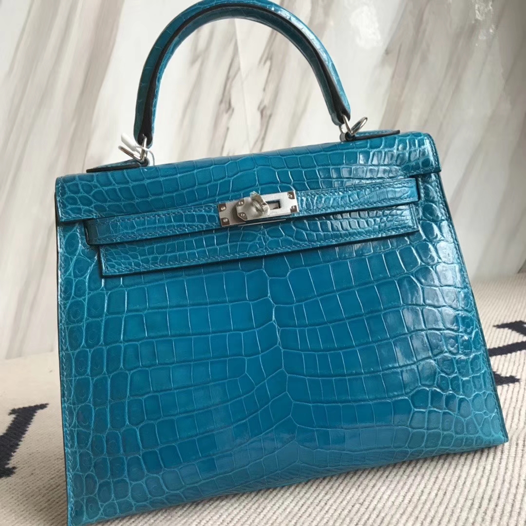 Hermès（爱马仕）Kelly 25cm Crocodile 亮面鳄鱼 7w 伊兹密尔蓝 银扣 顶级手缝 现货