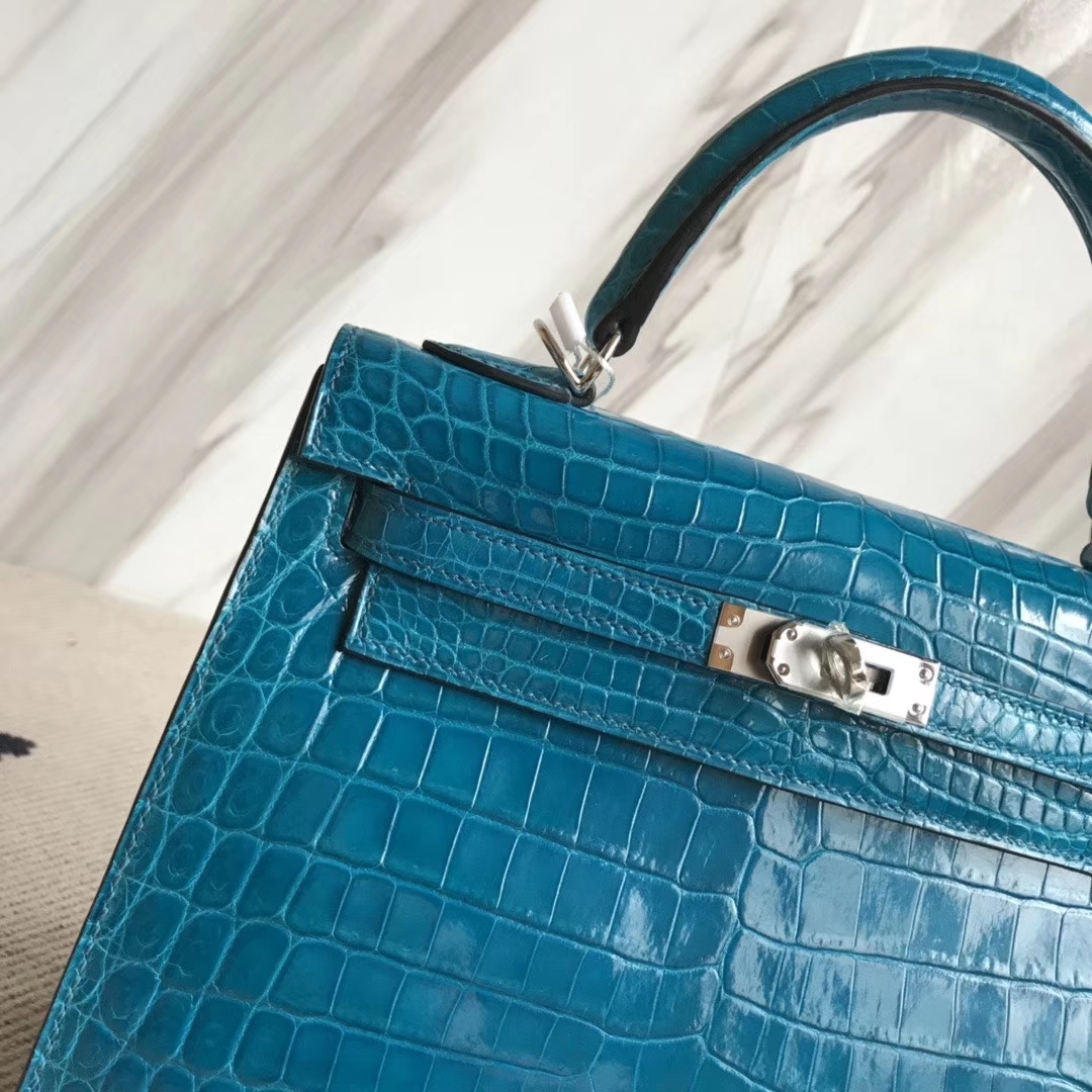 Hermès（爱马仕）Kelly 25cm Crocodile 亮面鳄鱼 7w 伊兹密尔蓝 银扣 顶级手缝 现货