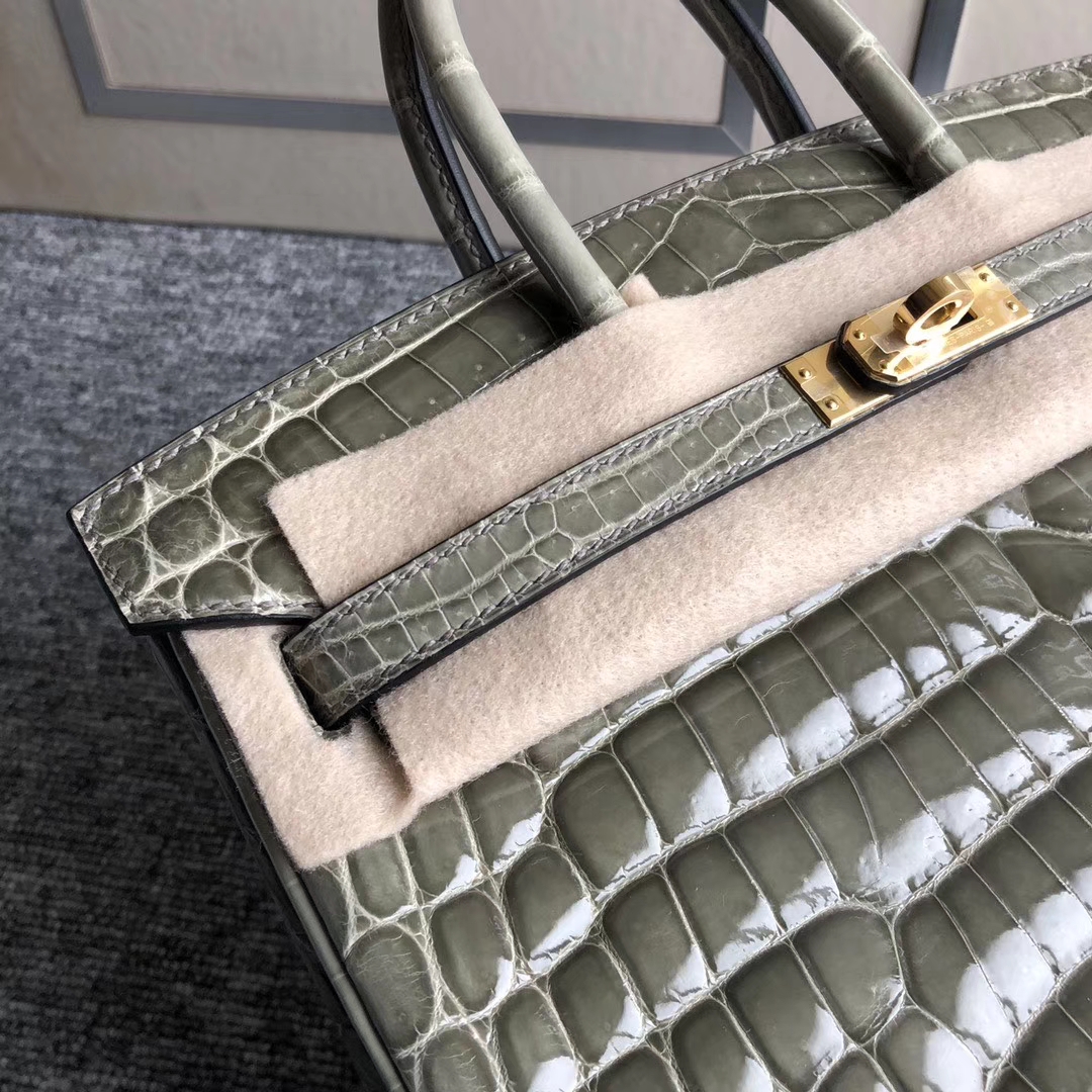 Hermès（爱马仕）Birkin 25cm Crocodile shiny 亮面鳄鱼 ck81 斑鸠灰 Gris T 金扣 拱珠 现货