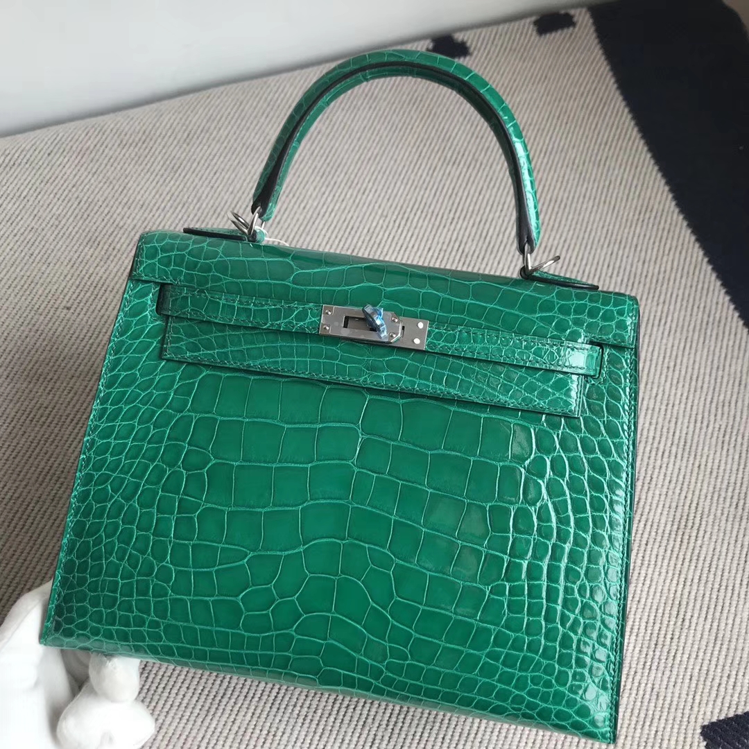 Hermès（爱马仕）Kelly 25cm Alligator shiny 亮面鳄鱼 6Ｑ 翡翠绿 银扣 顶级手缝 现货