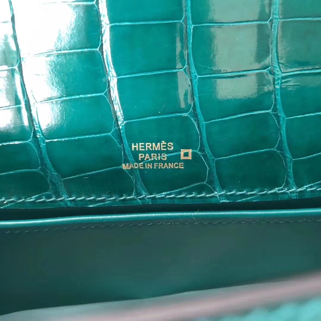 Hermès（爱马仕）Mini Kelly Pochette 22cm 亮面方块 美洲鳄鱼 6Q翡翠绿 Vert Emeraude 金扣