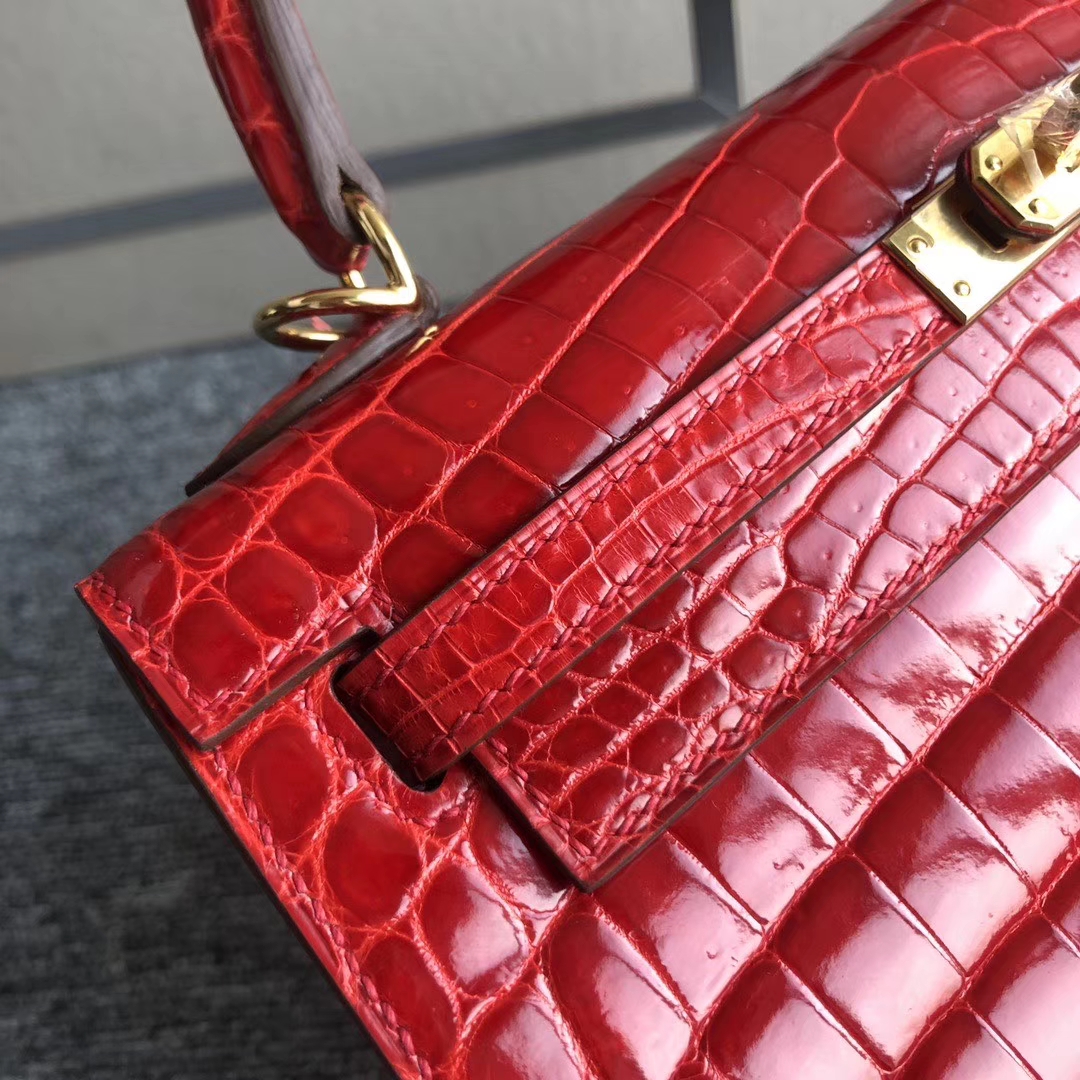 Hermès（爱马仕）Kelly 25cm Crocodile shiny 亮面鳄鱼 ck95 法拉利红 金扣 现货