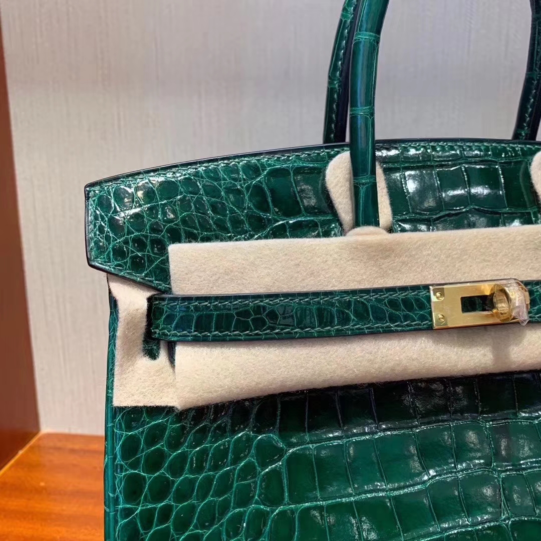 Hermès（爱马仕）Birkin 铂金包 亮面方块 美洲鳄鱼 Shiny Alligator Crocodile CK67祖母绿 金扣 25cm
