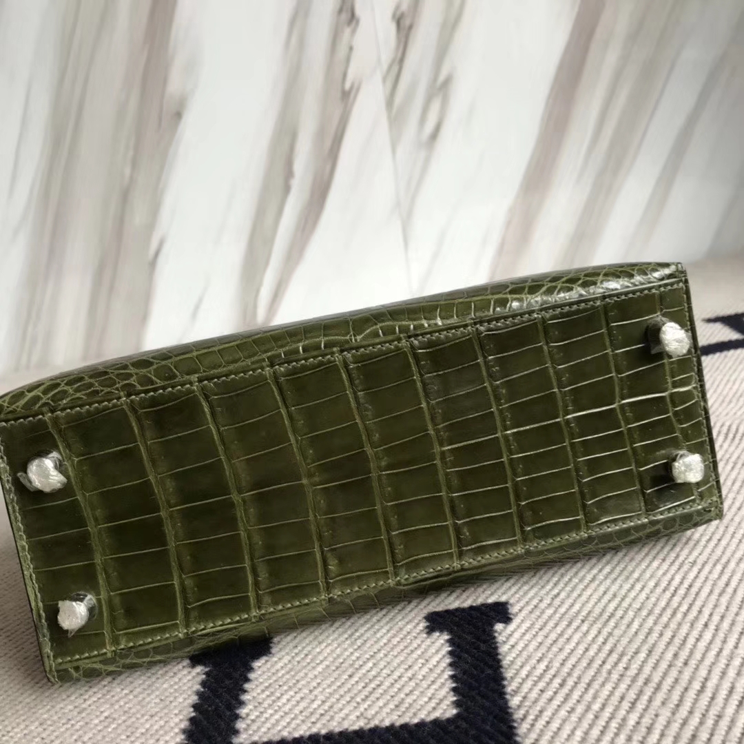 Hermès（爱马仕）Kelly 25cm Crocodile shiny 亮面鳄鱼 6H橄榄绿 银扣 顶级手缝 现货