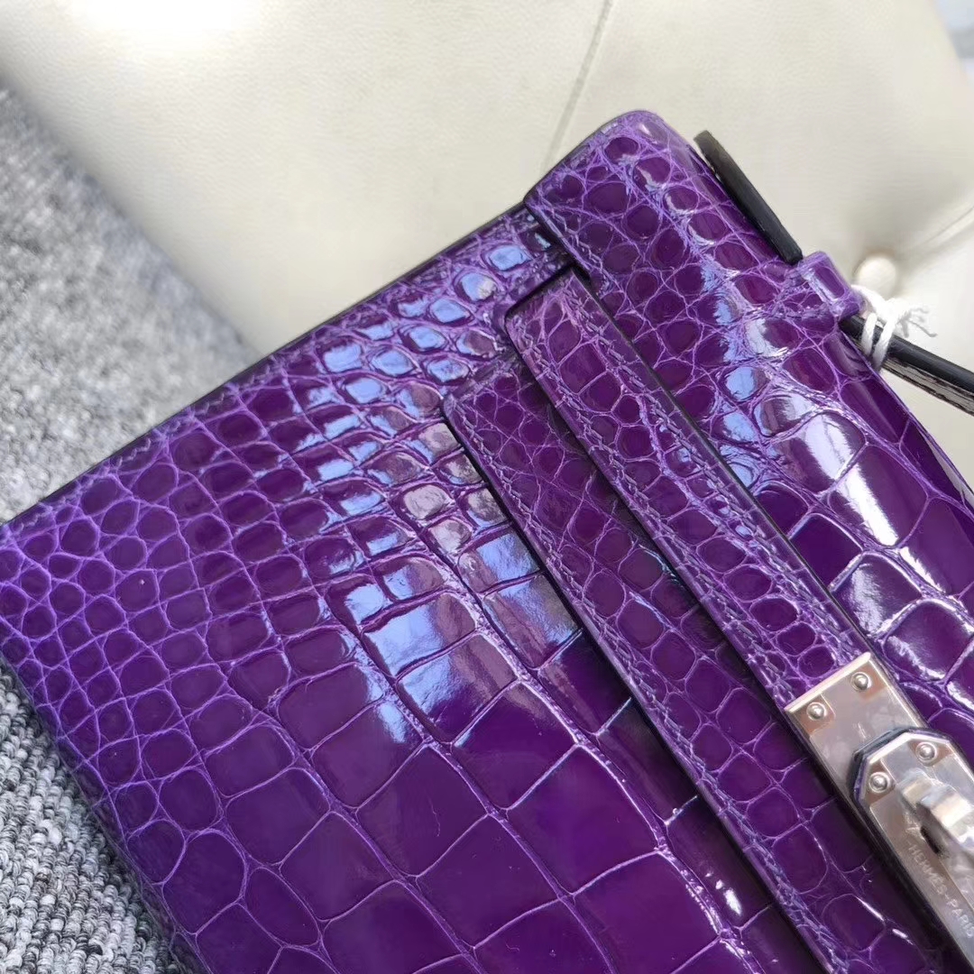 Hermès（爱马仕）Mini Kelly Pochette 22cm 亮面方块 美洲鳄鱼 极度紫 银扣 现货