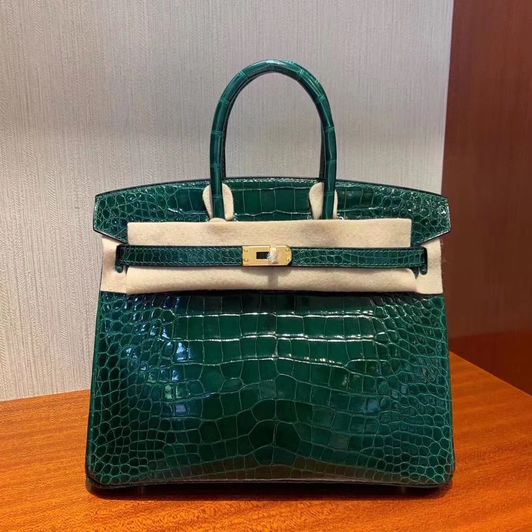 Hermès（爱马仕）Birkin 铂金包 亮面方块 美洲鳄鱼 Shiny Alligator Crocodile CK67祖母绿 金扣 25cm
