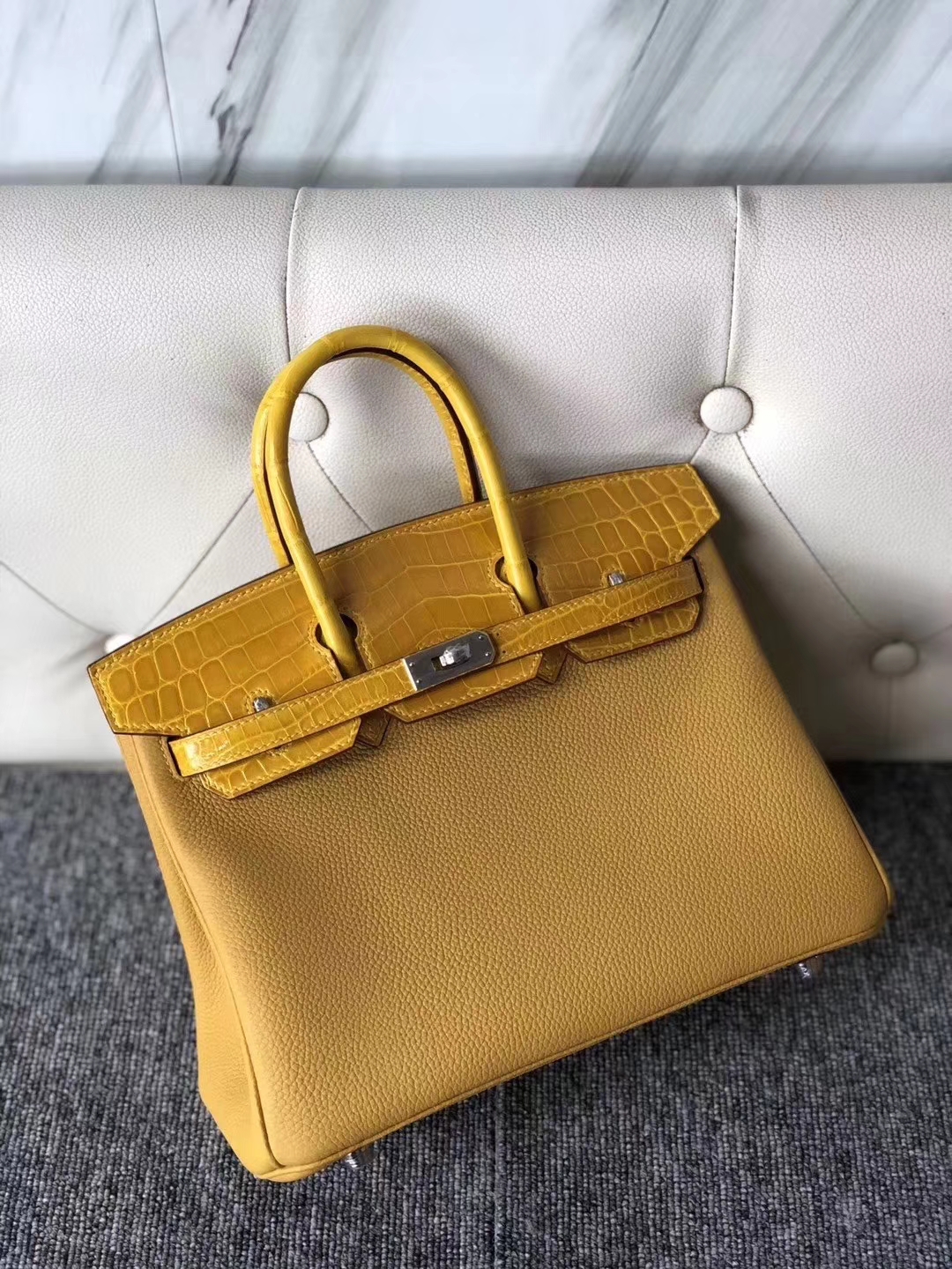 Hermès（爱马仕）Birkin 25cm touch 系列 9D 琥珀黄 Ambre 鳄鱼 银扣 现货