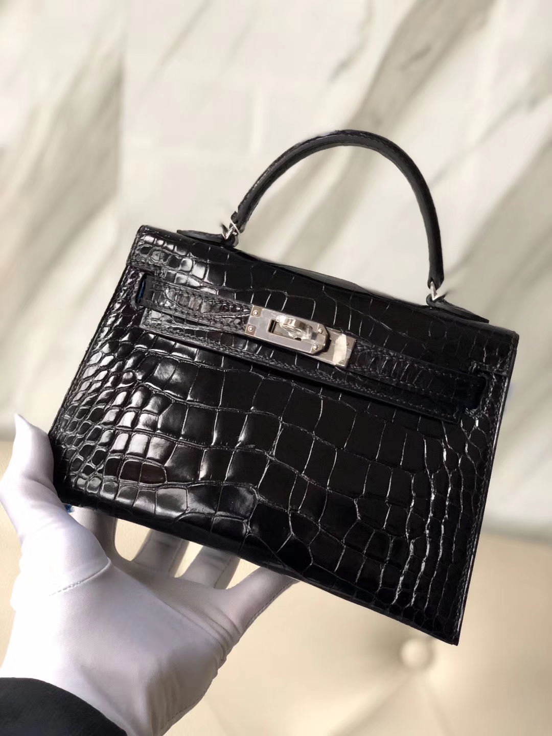 Hermès（爱马仕）Minikelly ll 亮面鳄鱼  ck89 黑色 noir 银扣 顶级手缝 现货