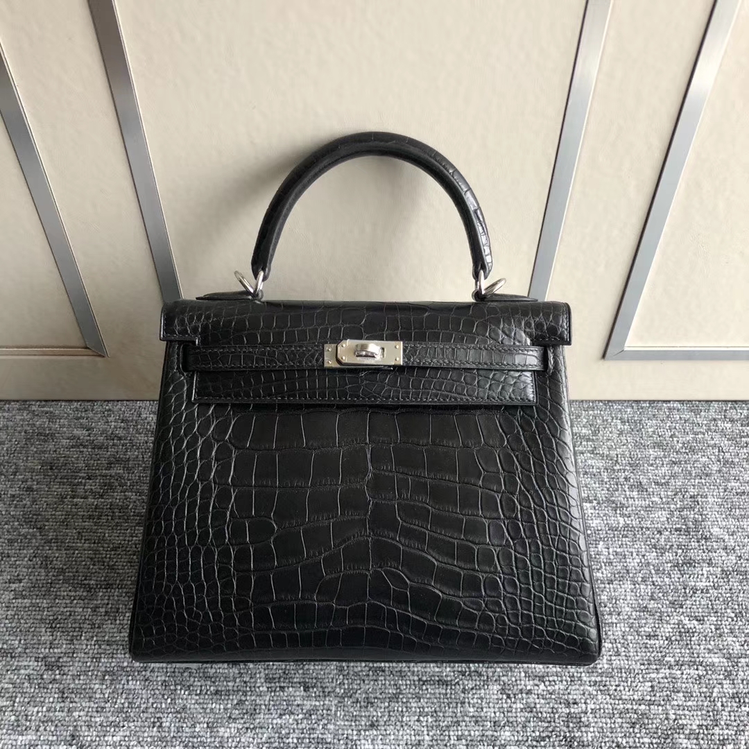 Hermès（爱马仕）Kelly 25cm Alligator matt 雾面鳄鱼 ck89 黑色 Noir 银扣 顶级手缝 现货