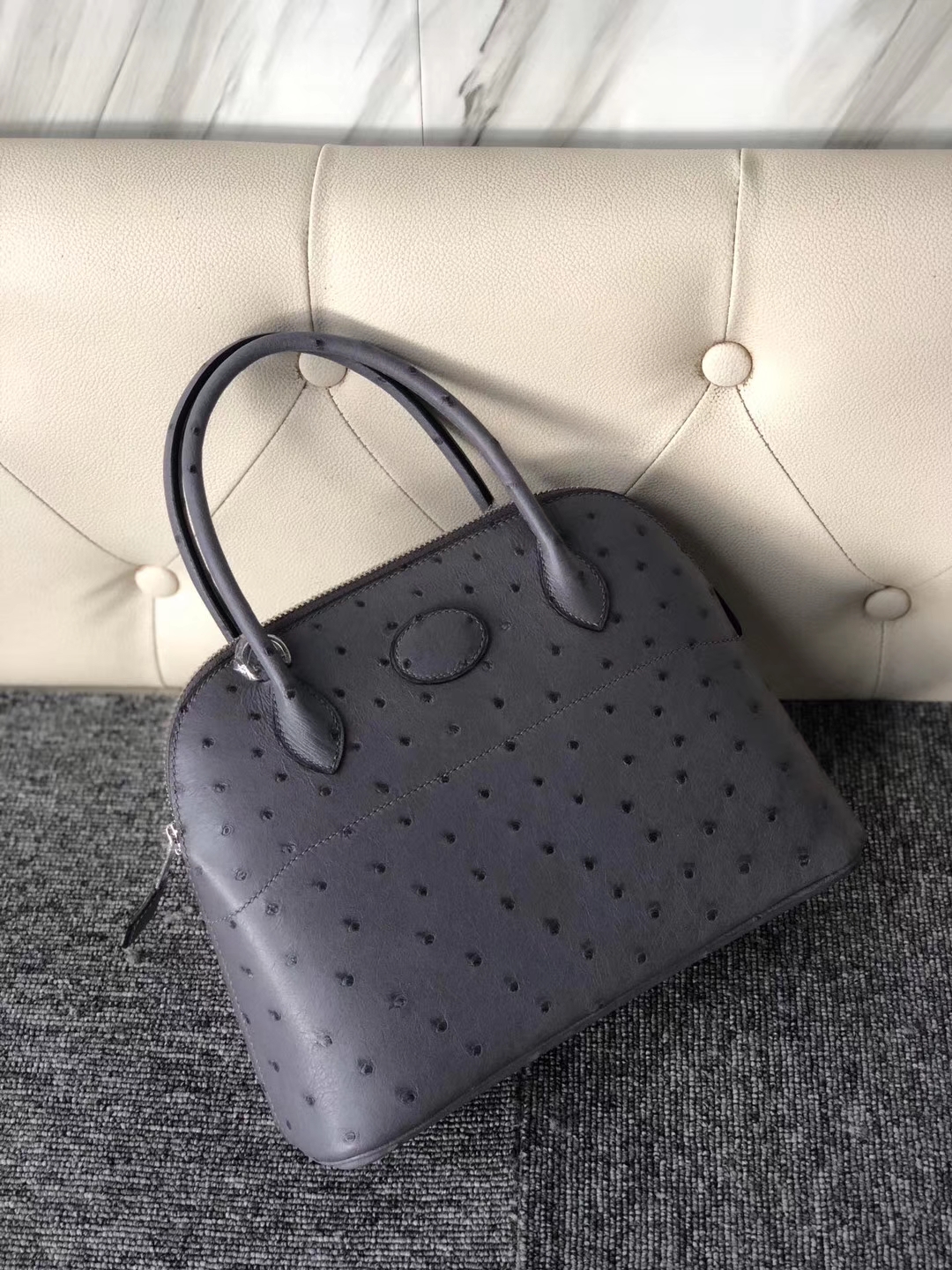 Hermès（爱马仕）Bolide 保龄球包 27cm  Ostrich kk 鸵鸟 玛瑙灰 银扣 顶级手缝