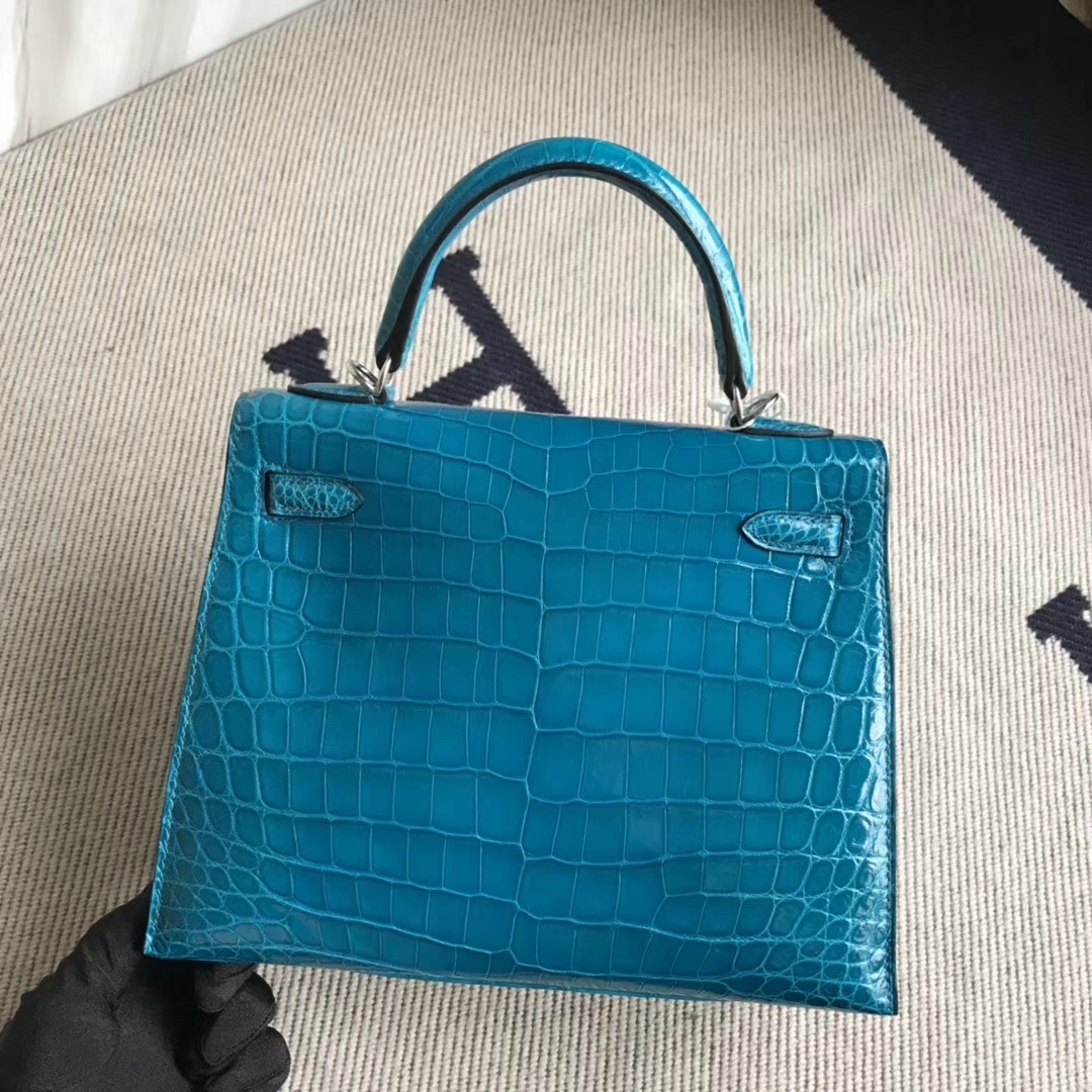 Hermès（爱马仕）Kelly 25cm Crocodile 亮面鳄鱼 7w 伊兹密尔蓝 银扣 顶级手缝 现货