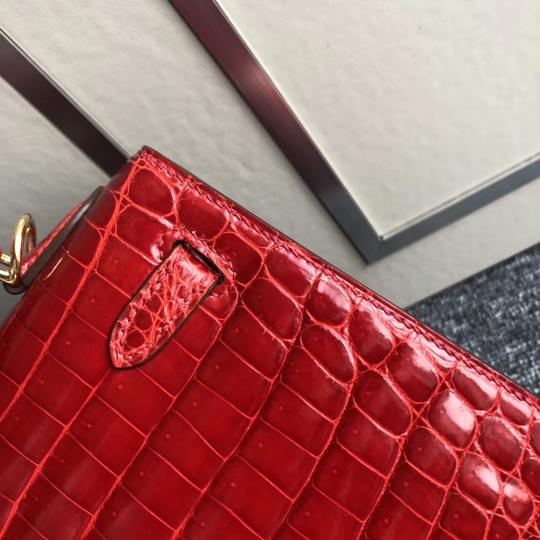 Hermès（爱马仕）Kelly 25cm Crocodile shiny 亮面鳄鱼 ck95 法拉利红 金扣 现货