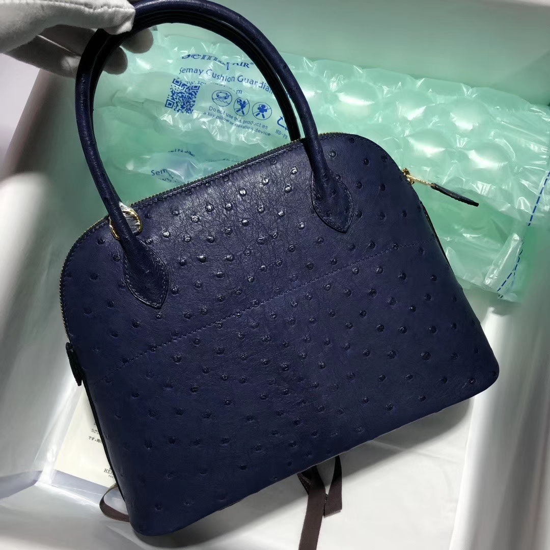 Hermès（爱马仕）Bolide 保龄球包 27cm  Ostrich kk 鸵鸟 宝石蓝 blue saphir 顶级手缝